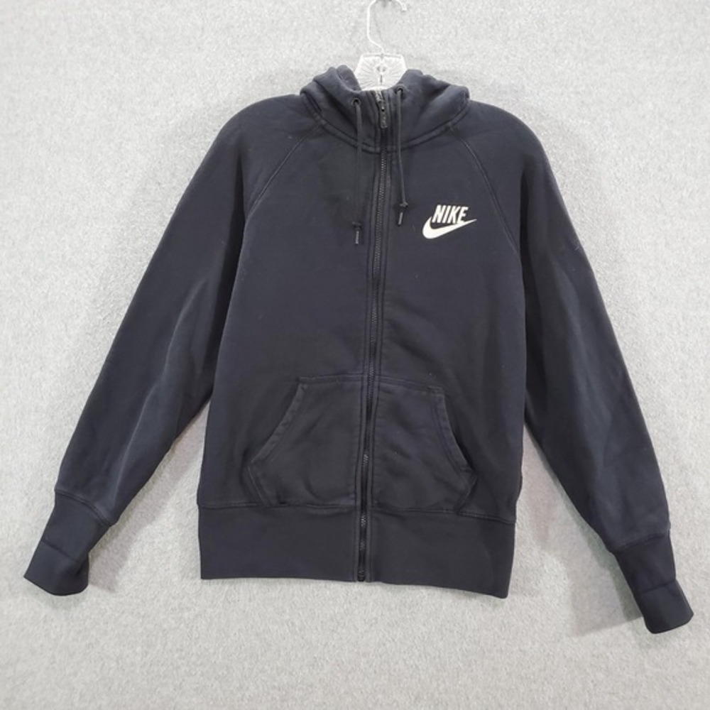 VINTAGE Nike Women Sweatshirt Large Black Full Zip Hoodie Fleece Swoosh Logo‎